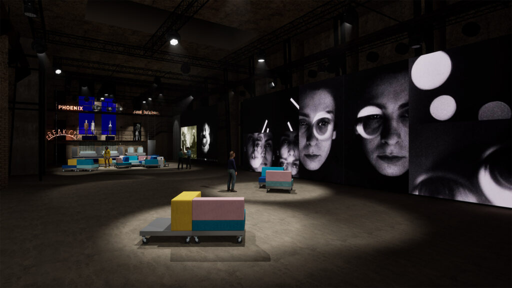 3D-Visualisierung der Ausstellungshalle der Deutschen Kinemathek Berlin für die Ausstellung "Screentime"